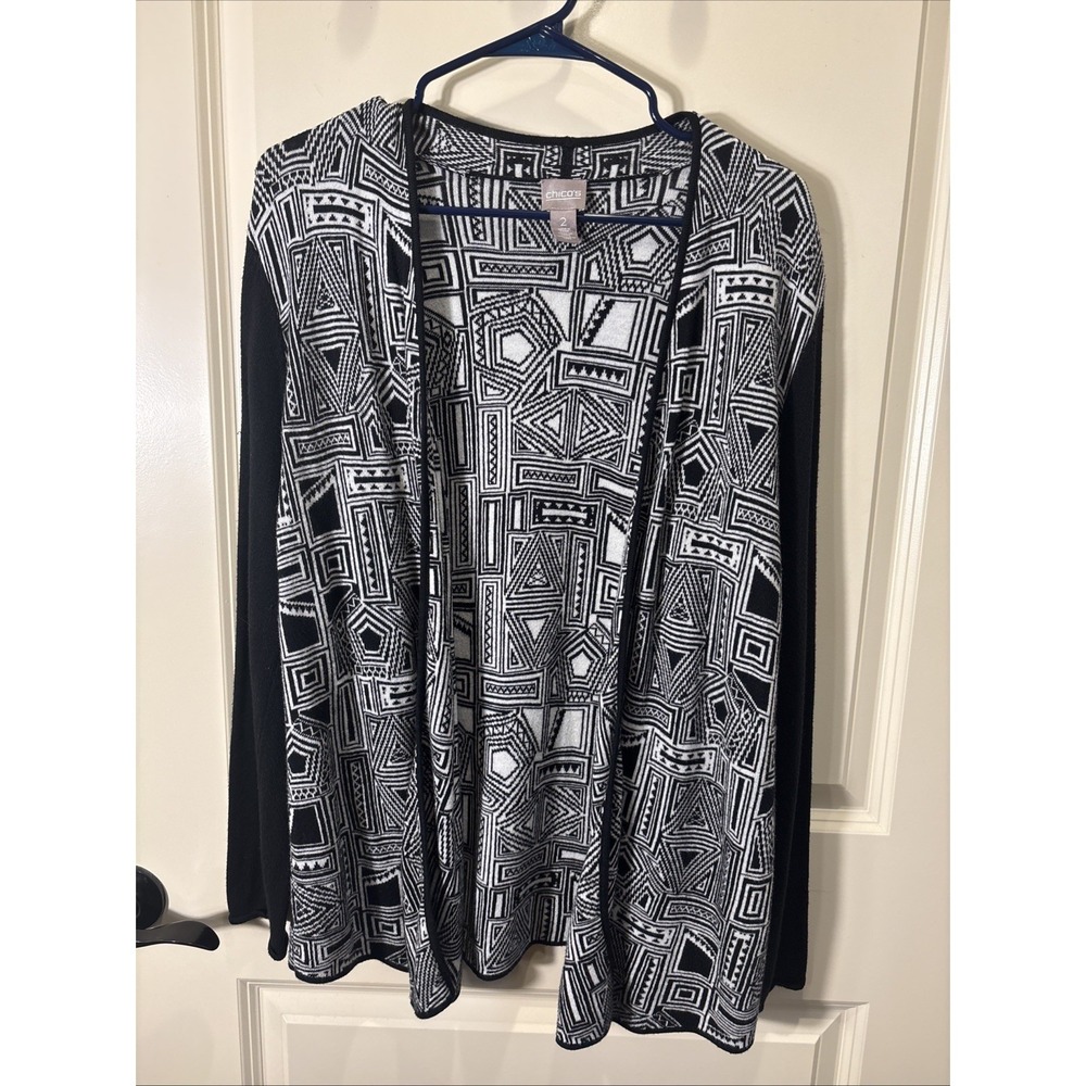 Chicos Size 2/Large‎ Open Front Cardigan Sweater Geometric Black And White